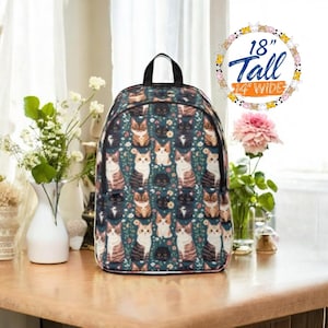 Cat Backpack for Women with Floral Kitty Print, Cute School or Travel Bag, Farmcore Cottagecore Gift for Cat Lover Girls