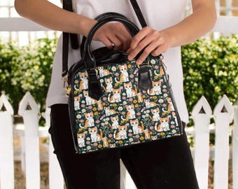 Tabby Cat Floral Shoulder Bag for Women - with Botanical Kittycore Grandma Core Design -  as Cute Handbag or Crossbody Purse Accessory