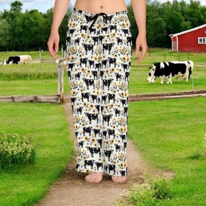 Cow Pajama Pants for Women, Cowcore Sunflower Lounge Pants, Cute Farmcore Dairy Farm Sleepwear, Cottagecore PJs with Farm Animal Print