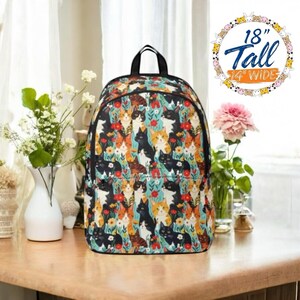 Whimsical Cat Backpack with Colorful Kitten Art, Botanical Flower Feline Print for Cat Lover Gift, Cottagecore Aesthetic Book Bag Purse