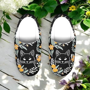 Black Cat Slippers Women | Floral Kitty House Shoes,  Cozy Indoor Slip On Footwear, Cute Cat Lover Gift,  Cottagecore Loungewear