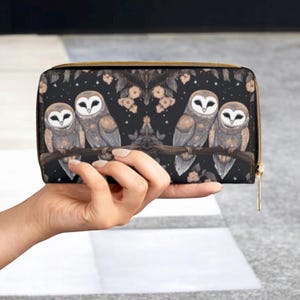 Cartera con cremallera de búho brujo, cartera de viaje grande con arte elegante de noche oscura, regalo de búho ululante, cartera con cremallera, obra de arte de búho común, monedero pequeño con cremallera.