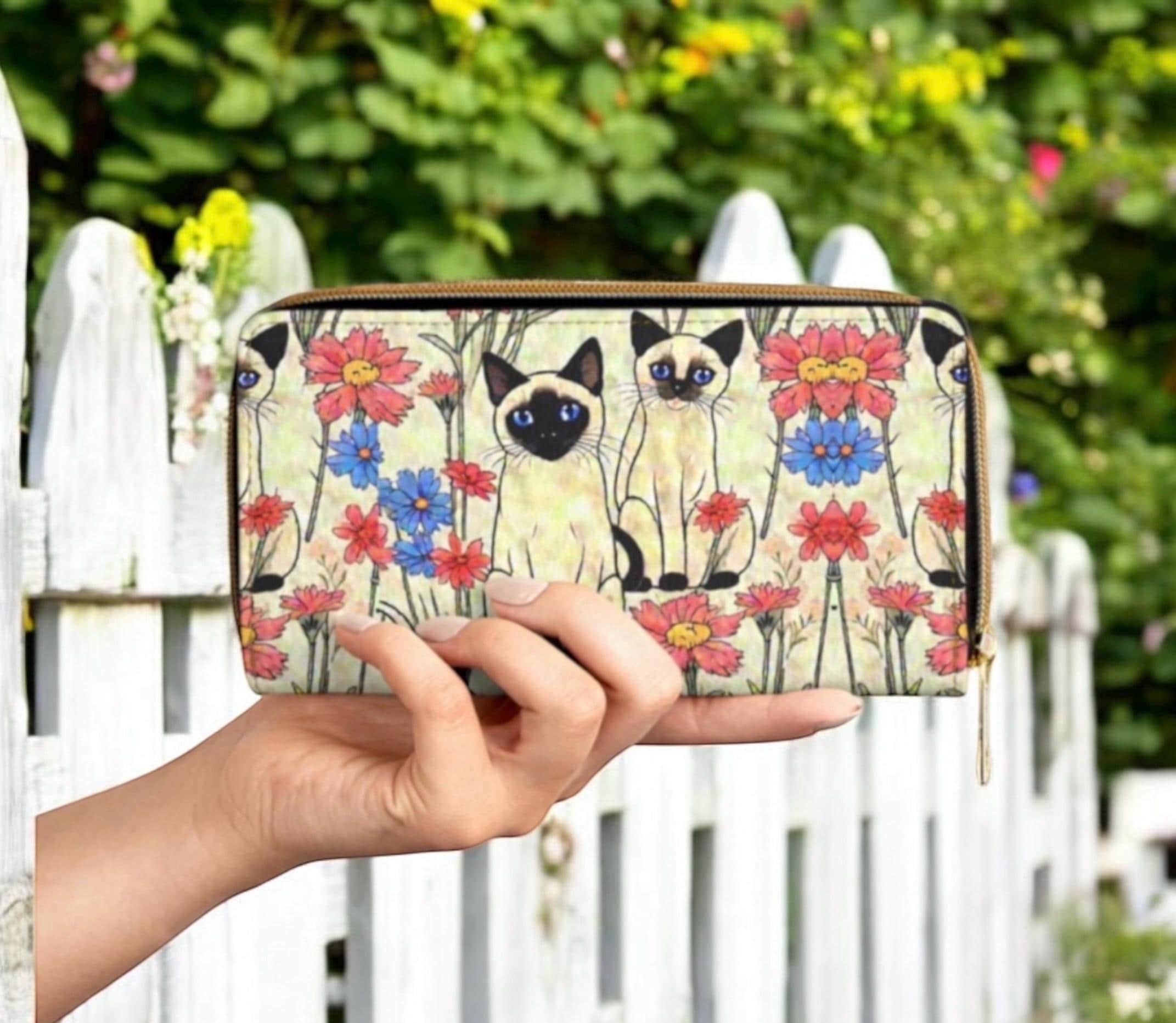 Siamese Cat Wallet with Whimsical Botanical Flower Print for Cat Lover Gift, Cottagecore Zippered Clutch Purse, Cute Kitty Accessory