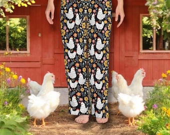 Chicken Pajama Pants for Women, Cottagecore Hen Lounge Pants, Farmhouse Chicken Sleepwear, Country Garden Loungewear Gift for Her