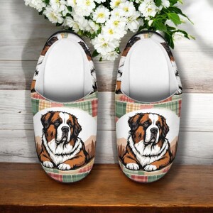 Saint Bernard Plaid Slippers, Patchwork Mountain House Shoes, Illustrated Gentle Giant Slip On, Saint Bernard Dad Gift