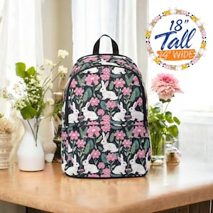 Cottagecore Bunny Backpack – Cute White Rabbit & Pink Floral Print Bag for Girls, Kids, Teens – Animal Lover School Book Bag Gift