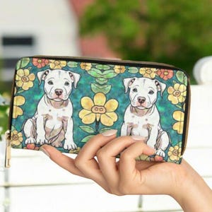 Diseño artístico de perro pitbull blanco, flores coloridas, cuero vegano, libre de crueldad, billeteras largas con cremallera para mujer, tarjetero, bolso de mano