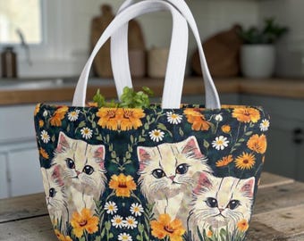 Persian Cat Insulated Lunch Bag, Garden Kitten Meal Tote, Grandmacore Lunchbox, Fluffy Cat Gift
