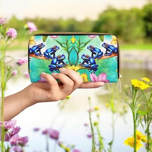 Cartera de rana dardo venenosa – Cartera de mano con cremallera de rana tropical colorida – Monedero con estampado de anfibios de la selva tropical – Regalo para amantes de la naturaleza
