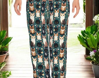 Alley Cat Artistic Design Womens Drawstring Pajama Pants, Cute Kitty Lounge Sleep Bottoms, Cat Lover Loungewear, Feline Artwork Sleepwear