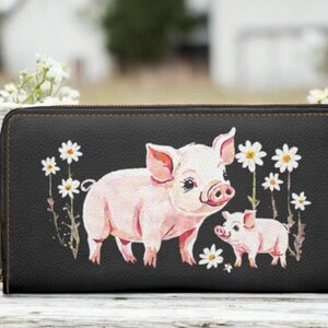 Cartera con cremallera, diseño artístico de cerdo lindo, billetera de viaje de cuero vegano, regalo para amantes de los cerdos, monedero con tarjetero