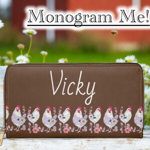 Cartera con cremallera, cartera personalizada con diseño de pollo, cartera de viaje con monograma de animal de granja, regalo personalizado para amantes de los pollos, cartera grande con cremallera