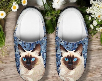 Pantuflas de gato balinés, zapatos de casa para siamés de pelo largo, zapatillas de interior con estampado floral azul para gatos, regalo para mamás de gatos balineses