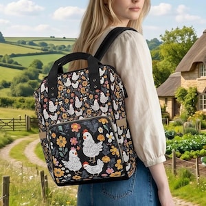 Chicken Print Kids Backpack with Side Pockets Farm Girl School Backpack Floral Barnyard Daypack
