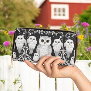 Cartera con cremallera, Artistic Snow Owl Cartera larga de piel vegana negra celestial para mujer con cremallera alrededor, Cartera con cremallera Night Bird, Midnight Barn Owl