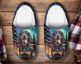 Pantuflas de Coonhound, Zapatos de casa para perros de caza negros y marrones, Zuecos sin cordones para perros de caza, Regalo para papá de Coonhound, Zuecos cómodos para interiores