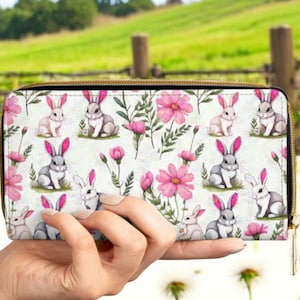 Cartera con diseño original de conejito rosa para mujer, de piel vegana, sin crueldad, con cremallera larga, ideal para amantes de los conejitos. Bolso de moda, regalo.