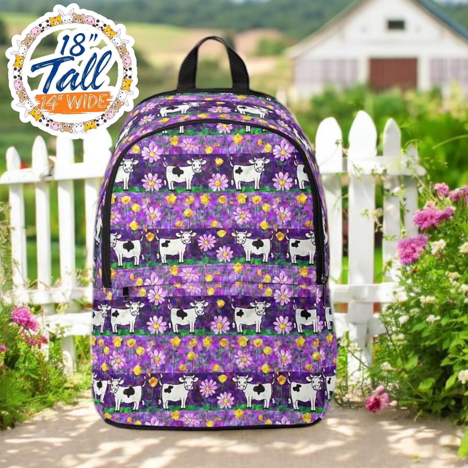 Cow Print Backpack for Girls – Purple Farm Animal School Bag, Cute Country Cottagecore Bookbag, Dairy Cow Travel Daypack