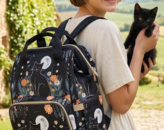Celestial Black Cat Backpack, Dark Floral Moon Cat School Bag, Witchy Cottagecore Canvas Bookbag, Back to School