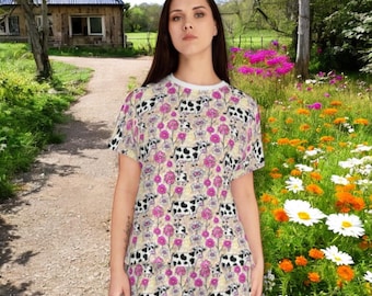 Pijama de vaca para mujer, 2 piezas, estampado floral, estilo cottagecore, ideal para amantes de las vacas.