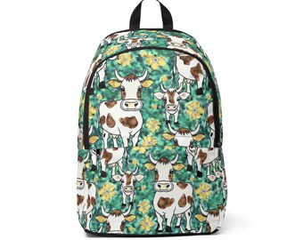 Green Cattle Unisex Fabric Backpack, Cow Backpack, Cow Knapsack, Cow Bookbag, Cow School Bag,  Cow Print Backpack, Farm Animal Backpack