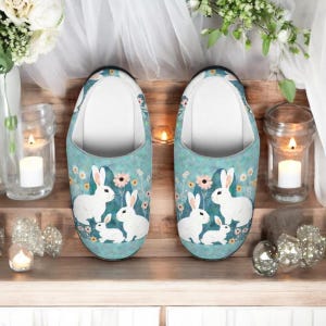 White Bunny Slippers for Women | Cute Rabbit House Shoes | Cottagecore Floral Indoor Footwear | Cozy Animal Lover Gift for Her