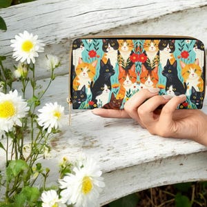 Carteras con cremallera grandes y lindas y artísticas de diseño artístico de gatos bohemios para mujer, diseño personalizado, de cuero vegano, sin crueldad animal