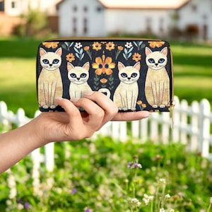 Cartera de gato siamés para mujer – Regalo floral para amantes de los gatos – Monedero de cuero vegano con cremallera – Monedero con estampado de gato – Clutch largo para ella