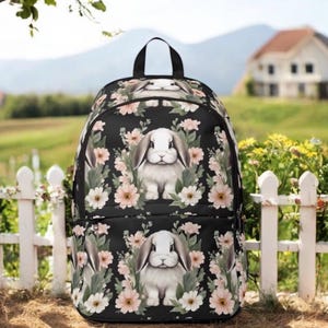 Holland Lop Bunny Backpack - Cute Rabbit Floral Bag - Dwarf Bunny School Bookbag - Animal Lover Gift - Bunny Print Travel Bag