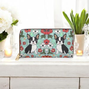 Amante de los Boston Terrier, diseño artístico, cuero vegano, sin crueldad animal, billetera artística personalizada con cremallera larga, linda billetera grande con cremallera para dama.