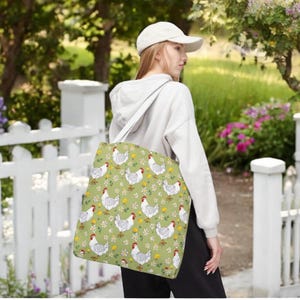 Sac fourre-tout imprimé poulet Cottagecore - sac à bandoulière floral ferme de 18 pouces - idée cadeau pour amoureux des poules - sac de marché country girl sac à main ferme rustique