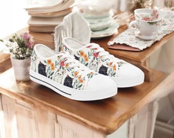 Floral Cat Sneakers for Women -  Cute Kitty Canvas Shoes - Persian Cat Print Footwear - Catcore Gift for Her - Cottagecore Sneakers