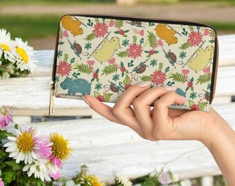 Cutest Hippo Boho Large Travel Long Zip Around Wallet, Hippopotamus Lovers Zipper Wallet, Cute Baby Hippos Small Purse, Hippo Clutch Bag