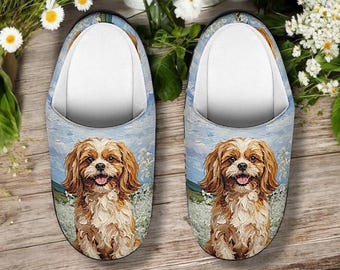 Shih Tzu Slippers Women, Chrysanthemum Dog Mom Gift, Painterly Lion Dog House Shoes, Cozy Slip On Slippers