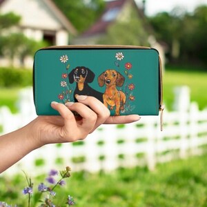 Cartera de perro salchicha para mujer – Cartera con cremallera en negro y tostado y rojo – Regalo para amantes de los perros salchicha – Cartera larga de cuero vegano