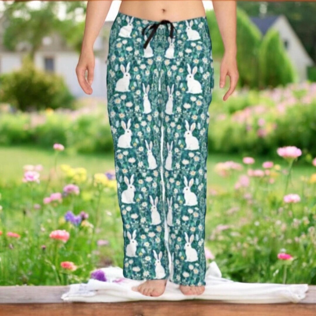 Whit Rabbitcore Teal Green Bunny Pajama Pants for Women - Whimsical Floral Rabbitcore ...