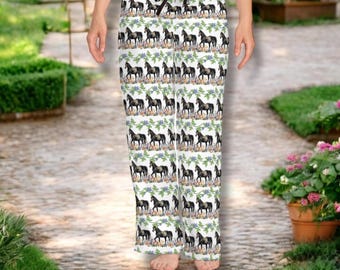 Horse Pajama Pants for Women, Black Mustang Lounge Pants, Equestrian Sleepwear, Horse Lover Loungewear, Cozy PJ Bottoms