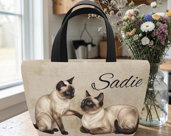 Bolsa de almuerzo personalizada para gatos con nombre, bolso de mano para gatos siameses, regalo estético para amantes de las mascotas, linda bolsa de almuerzo estilo cottagecore para el trabajo o la escuela.