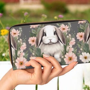 Cartera larga con cremallera para mujer con diseño de conejo francés en miniatura con diseño floral en colores pastel, regalos de conejo, monedero pequeño con cremallera y orejas caídas