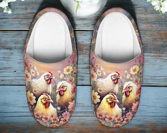 Watercolor Chicken Slippers Women, Wildflower House Slippers, Whimsical Chicken Lady Gift, Cozy Slip On Shoes