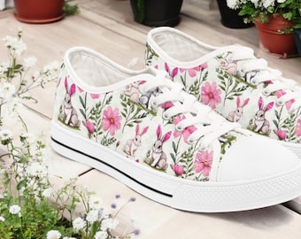 Pink Floral Bunny Sneakers for Women - Lace Up Casual Rabbit Shoes with Wildflowers - Cottagecore Spring Footwear Gift