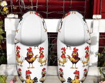 Pantuflas de pollo y gallo para hombre, divertidas pantuflas de casa de campo, pantuflas de animales de granja, acogedor regalo campestre, ropa de estar por casa de granja