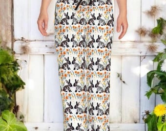 Bunny Pajama Pants Women, Cute Rabbit Pajama Bottoms, Floral Bunny Lounge Pants, Cottagecore Sleepwear, Soft Womens PJs