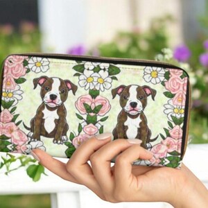 Amante de los pitbulls, diseño artístico, cuero vegano, libre de crueldad animal, billetera artística personalizada con cremallera larga, billetera de viaje grande para mujer, raza Bully