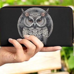 Cartera con cremallera, diseño de búho bohemio, cartera de viaje de cuero vegano, monedero para amantes de los búhos, cartera con cremallera de búho bohemio