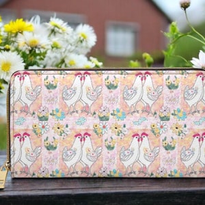 Cartera con cremallera, cartera con diseño de pollo rosa, monedero con estampado de pájaros florales, cartera de mano con estampado animal para mujer, elegante monedero con pollito, pollito adorable