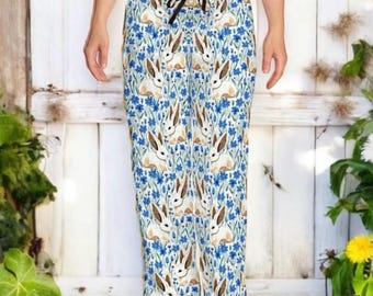Pyjamabroek met konijnenprint dames blauwe bloemen konijn nachtkleding loungebroek