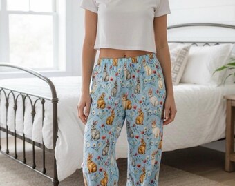 Pantalones de pijama de conejito, pantalones de descanso Cottagecore Wildflower para mujer, pantalones de pijama florales azules, pijamas Springcore Cutecore, regalo Bunnycore