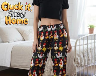 Funny Chicken Pajama Pants, Novelty Gift for Her, Farm Animal Lounge Pants, Rooster PJ Bottoms, Wide Leg Sleep Pants