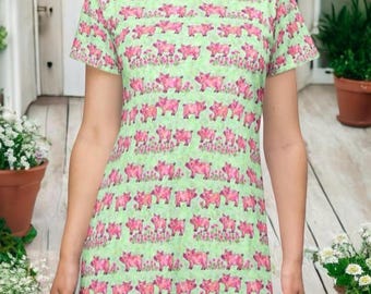 Pink Pig Sleep Shirt Floral Farm Animal Nightgown Cottagecore Pajama Dres